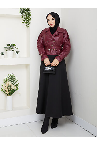 MODAMERSİ Women's Burgundy Belted Short Leather Jacket with Shoulder Epaulettes