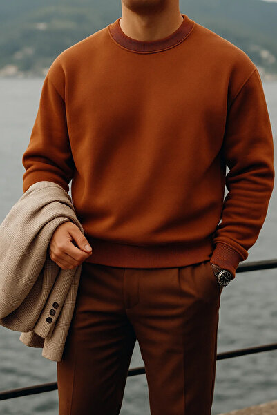 COMBİNE MİCHAİL Мъжки дебел велосипеден пуловер с широка яка в цвят канела