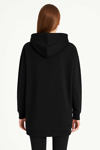 Şans Women's Plus Size Black, 2 Thread Hooded Long Sweatshirt 65N39186