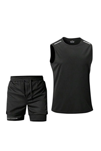 OEM Ανδρικό αθλητικό σετ 2 τεμαχίων με casual αμάνικο μπλουζάκι και διπλό σορτς, Μαύρο - S