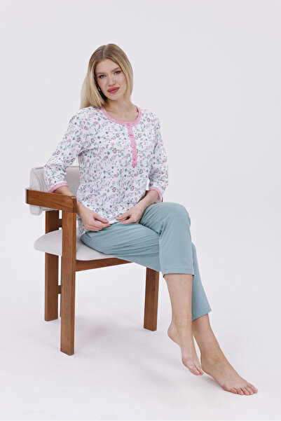 Mio Vero Women's Green Floral Patterned Fakir Sleeve Design Pajama Set