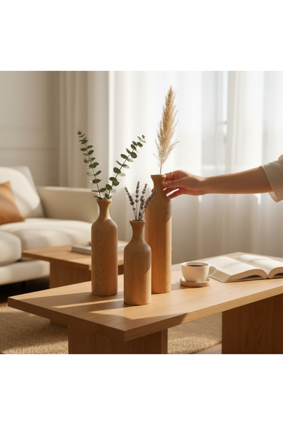 U Atölye El Yapımı Kayın Ahşap Vazo Seti