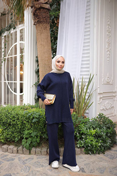 Kirazca Butik Women's Silvery Slit Buttoned Standard Size Knitwear Hijab Set