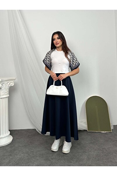 Hatun Atila Elastic Waist Scuba Fabric Flared Skirt 8936 - Navy Blue