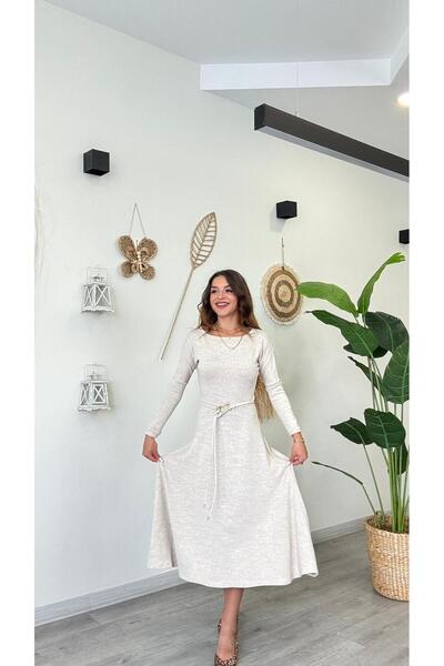 modadagiyim Γυναικείο μακρυμάνικο φόρεμα με λαιμόκοψη και λεπτομέρεια ζώνης, μακρύ και πολύ κομψό πλεκτό φόρεμα