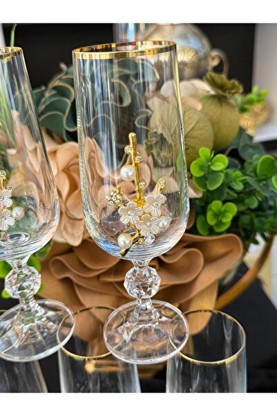 LOKMAN ZÜCCACİYE 6 Pieces Bohemia Crystal Gold Gilded Pearl Brooch Brown or Water Glass Cup 180 ml