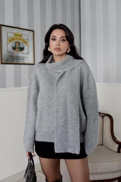 Serica Moda Pulover tricotat cu textura moale cu eșarfă gri