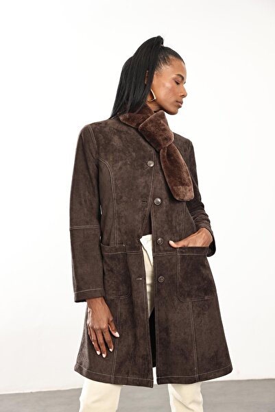 5in1Canpolat Bitter Brown Suede Jacket with Scarf Detail