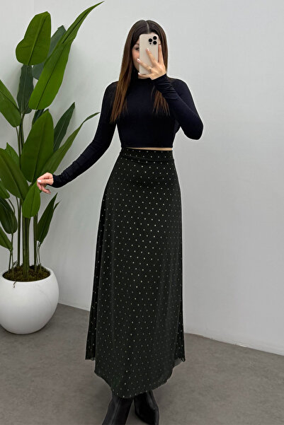 Bipantolon Women's Green Polka Dot Maxi Tulle Skirt with Back Elastic Detail and Zipper