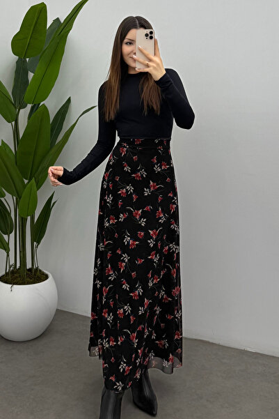 Bipantolon Women's Red Leaf Printed Maxi Tulle Skirt with Back Elastic Detail and Zipper