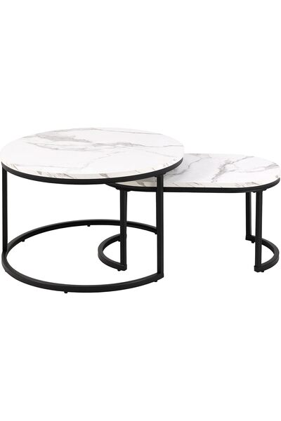Türkiye Coffee Table Set of 2 for Living Room, Living Room Tables in White Marble Look with Black Metal Fram
