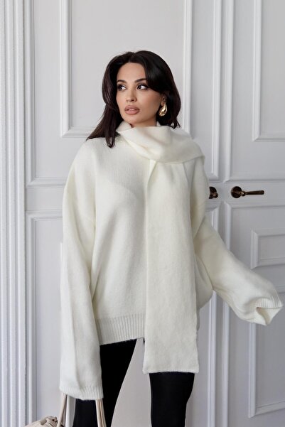 Serica Moda Ecru Scarf-Neck Soft Textured Knit Sweater