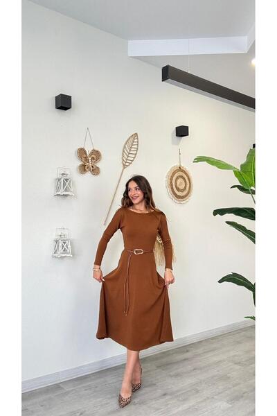 modadagiyim Γυναικείο μακρυμάνικο φόρεμα με λαιμόκοψη και λεπτομέρεια ζώνης, μακρύ και πολύ κομψό πλεκτό φόρεμα