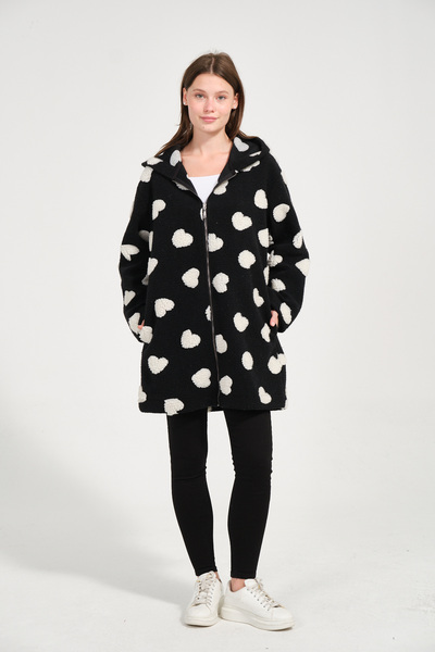 MSW Women's Heart Embossed Hooded Regular Fit Zippered Coat