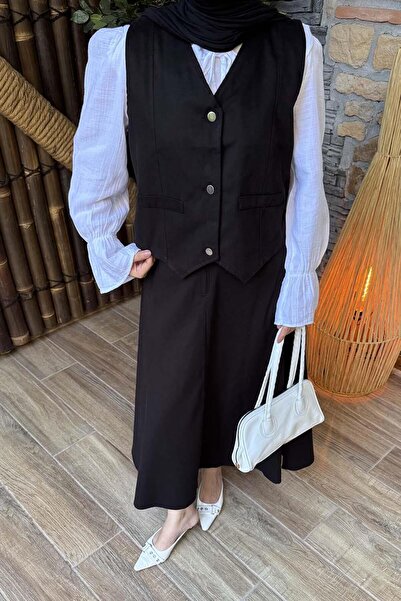 lamelif Gabardine Vest-Skirt Two-Piece Hijab Suit Black