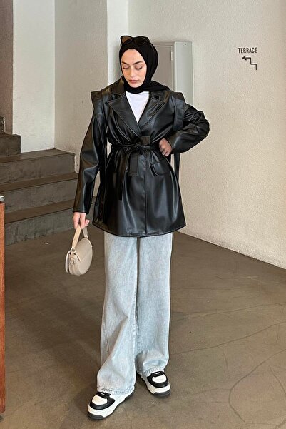 lamelif διπλό πέτο Δερμάτινο μπουφάν με λαιμόκοψη και ζώνη μαύρο