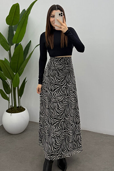 Bipantolon Women's Wave Zebra Printed Maxi Tulle Skirt with Back Elastic Detail and Zipper