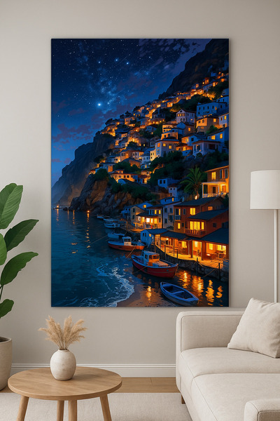 BLT DİZAYN Tablou în sticlă cu peisajul orașului de pe litoral în lumina nopț...