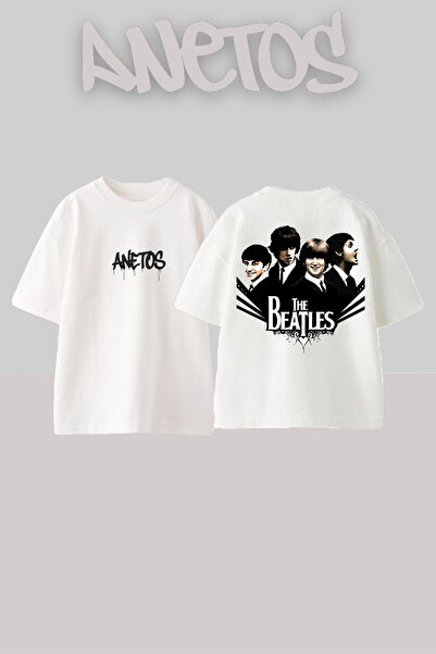Anetos تي شيرت The Beatles 6 Design مطبوع على الظهر من القطن الأبيض كبير الحجم