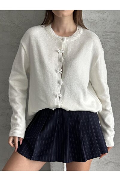 FERZOLAİO White Knit Cardigan with Bow Buttons
