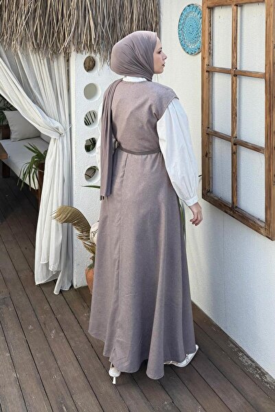 lamelif Λεπτομερής πλισέ ζώνη Gilet σε απαλό καφέ