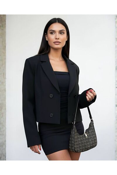 ALVOR Kruvaze Düğmeli Crop Blazer-Siyah