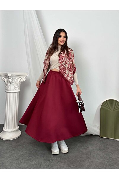 Hatun Atila Elastic Waist Scuba Fabric Flared Skirt 8936 - Red