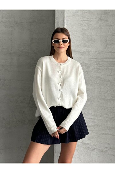FERZOLAİO White Knit Cardigan with Bow Buttons