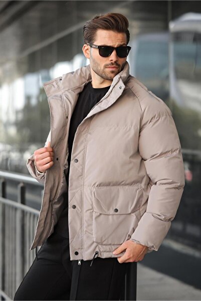 Madmext Ανδρικό παλτό με φερμουάρ σε χρώμα πέτρας E7436