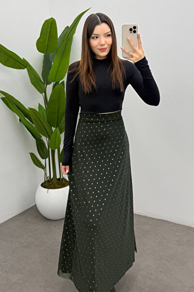 Bipantolon Women's Green Polka Dot Maxi Tulle Skirt with Back Elastic Detail and Zipper