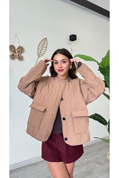 modadagiyim Women's Button Detailed Quilted Patterned Pocket Puff Coat