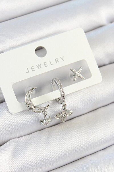 REBORN DESIGN طقم أقراط نسائية مكون من 3 قطع من حجر الزركون على شكل زهرة وقمر...