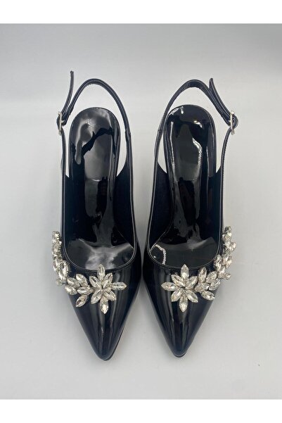 Aslının Butiği Stone Detailed Patent Leather Thin Heeled Women's Shoes – Black & Burgundy