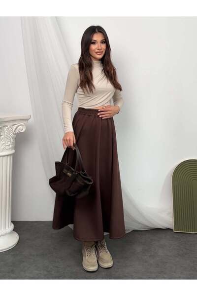 Hatun Atila Elastic Waist Scuba Fabric Flared Skirt 8936 - Brown