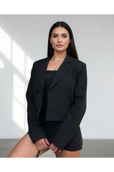 ALVOR Kruvaze Düğmeli Crop Blazer-Siyah