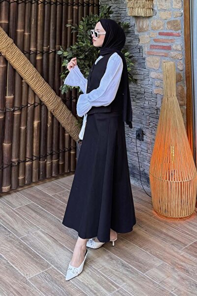 lamelif Gabardine Vest-Skirt Two-Piece Hijab Suit Black