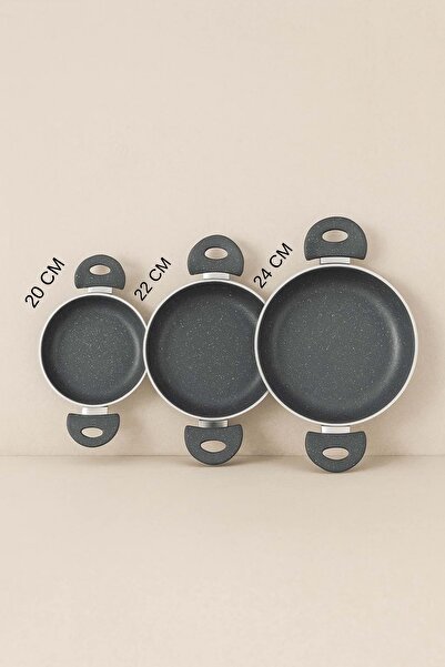 Jenisa طقم قدور جرانيت 3 قطع – قدور رمادية غير لاصقة بمقبضين مقاس 20/22/24 سم