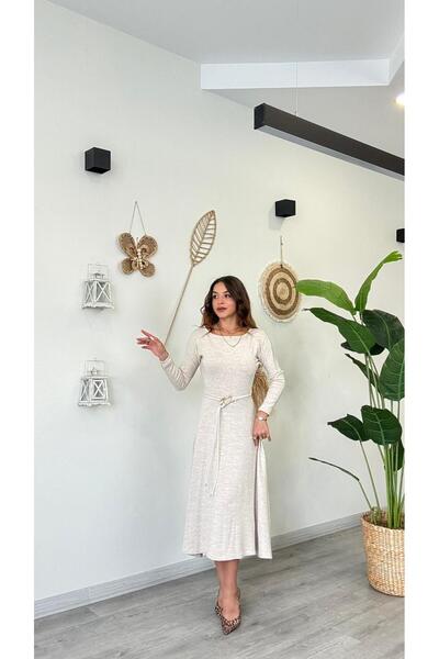 modadagiyim Γυναικείο μακρυμάνικο φόρεμα με λαιμόκοψη και λεπτομέρεια ζώνης, μακρύ και πολύ κομψό πλεκτό φόρεμα