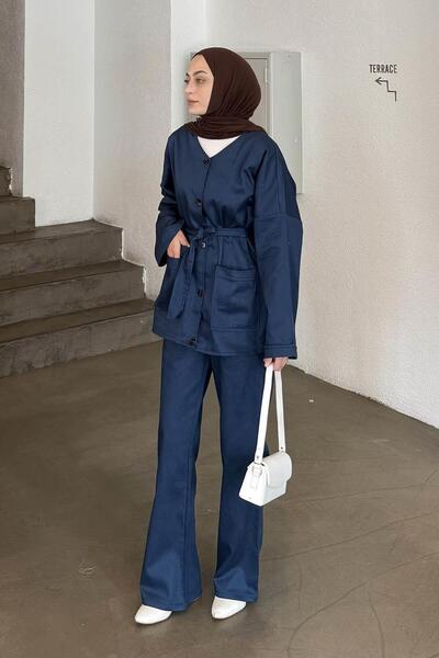 lamelif Belted Gabardine Suit Navy Blue