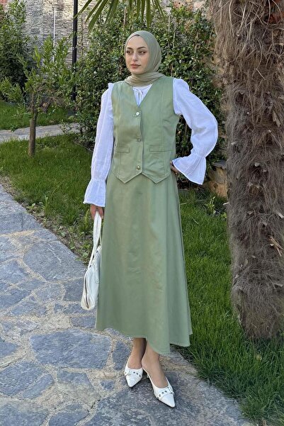 lamelif Gabardine Vest-Skirt Two-Piece Hijab Suit Green