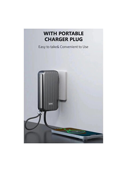WIWU 10000mAh Trunk Power Bank, ideal for travel, with universal plug and built-in cables for phones.