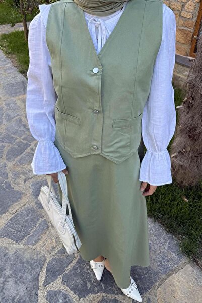 lamelif Gabardine Vest-Skirt Two-Piece Hijab Suit Green