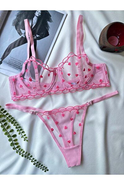 buena blue Kalp Nakışlı Transparan Bralet & Tanga Takım – Romantik Dantel Lin...