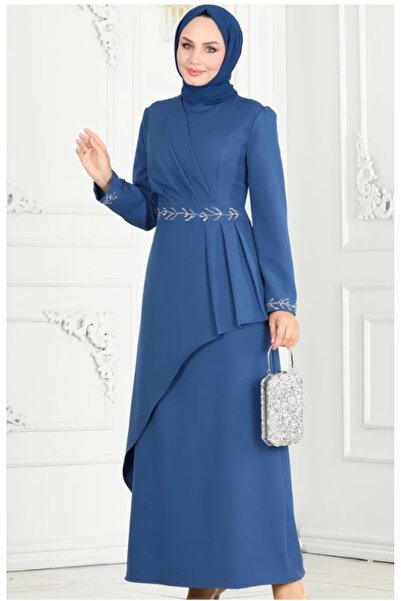Indigo Fashion Tesettür Mavi Eteği Volanlı Abiye Elbise