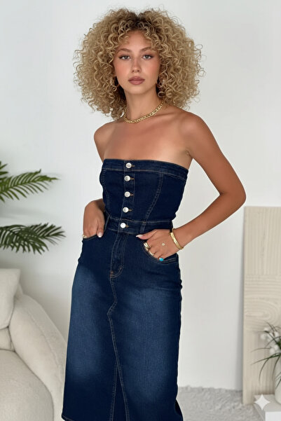Lores Giyim Kadın Likralı Yırtmaç Detaylı Straplez Denim Elbise