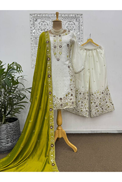 MYSMAR White Chinon Silk Top Sharara & Dupatta - FFT2251 | White