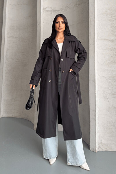 giyimmasalı Bondit Kumaş Cepli Trençkot - SİYAH