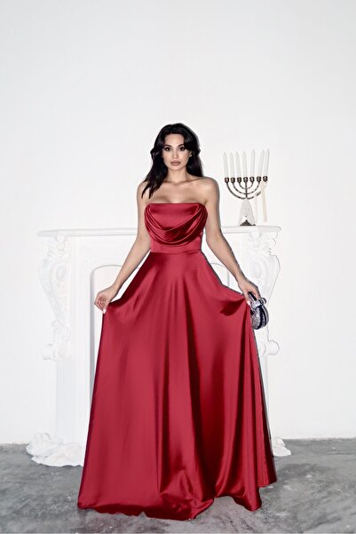 Serica Moda Red Bust Draped Strapless Satin Evening Dress