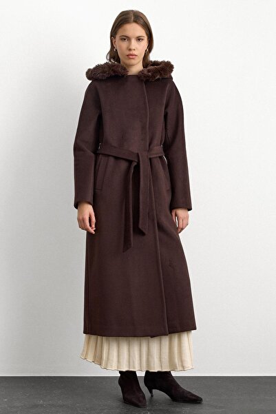 Olcay Fur Hooded Waist Tied Long Coat Brown 3107