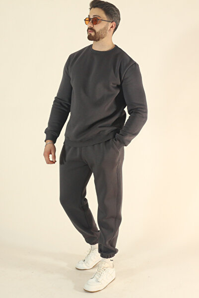 INFLUYENTE Ανδρικό σετ αθλητικής φόρμας με φλις εσωτερικά 3Ιπ Φούτερ Jogger - Regular Soft Crew Neck